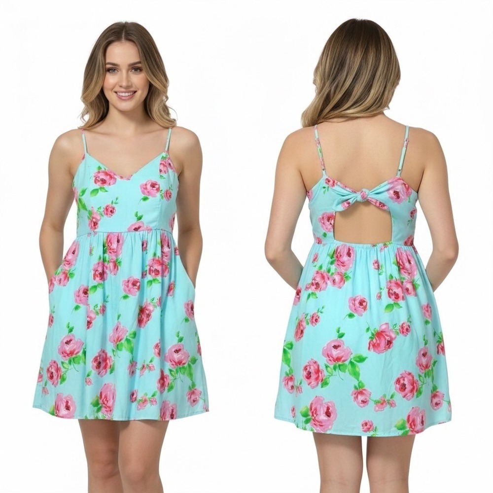 Bo Bel Womens Size Small Aqua Blue Floral Dress Bow Back Sleeveless Fit Flare